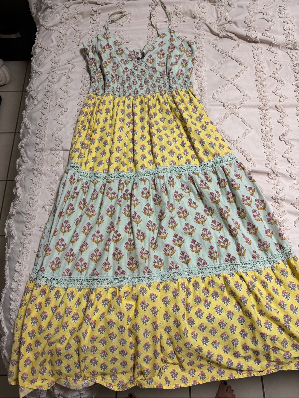 Japna Yellow & Light Blue Floral Tiered Spaghetti-Strap Dress